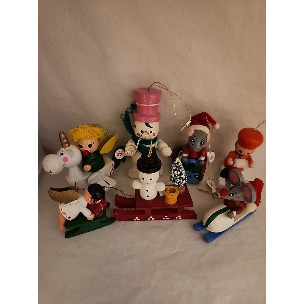 Vintage Wooden Christmas Ornaments Lot Hand‎ Painted Mice Snowman Angel 7pc